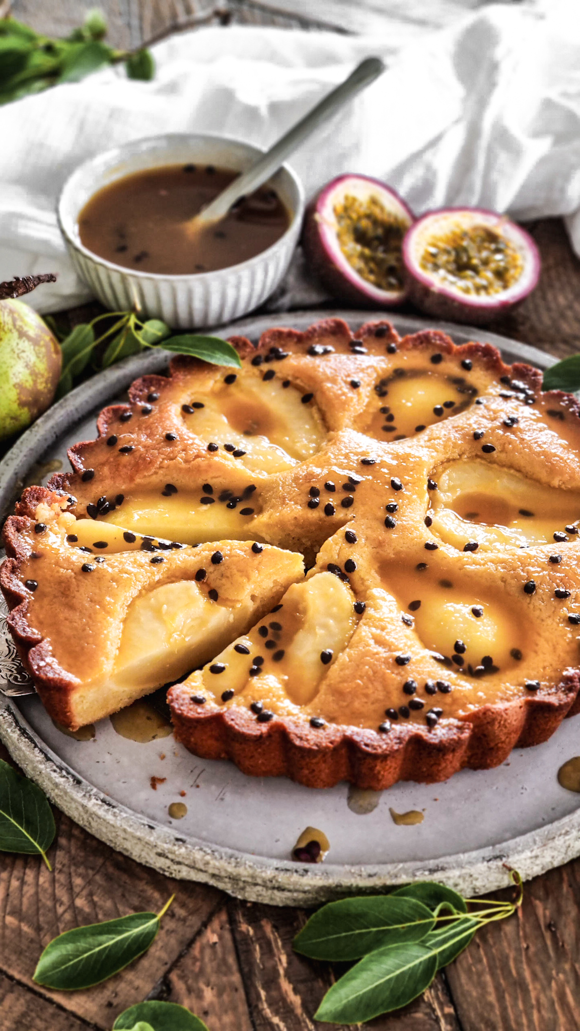 Pear Almond Cake with Passionfruit
